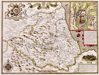 Piispakaupunki ja Durhamin kaupunki, Jodocus Hondiuksen (1563-1612) kaivertama John Speedin Theatre of the Empire of Great Britain -pubista. kirjoittaneet John Sudbury ja George Humble, 1611-12 (käsinvärinen co